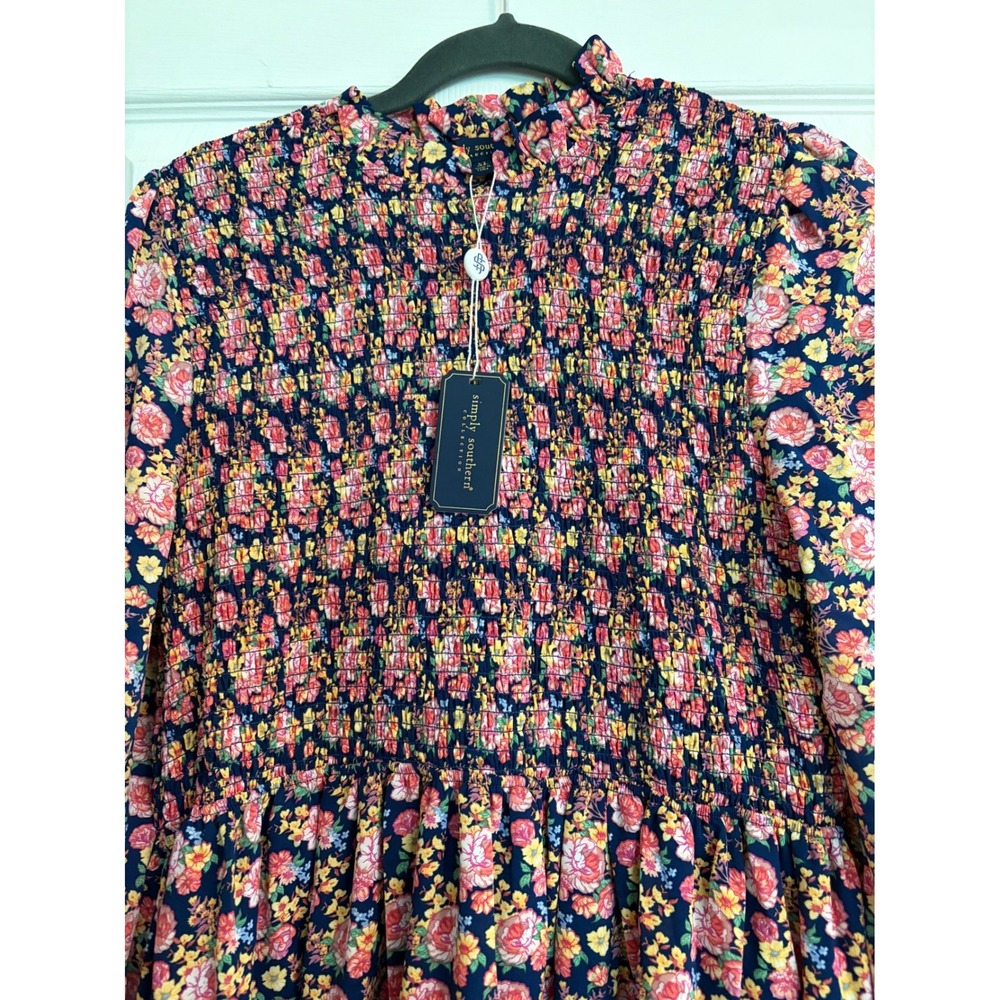 New Simply Southern Floral Smocked Tiered Maxi Dress Navy Pink XL Peasant Boho - Picture 4 of 12